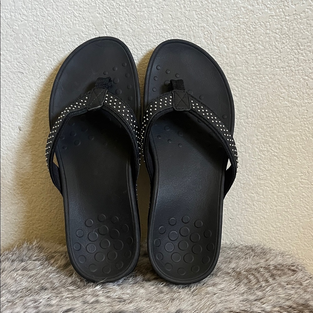 Vionic Black Thong Sandals with silver studs